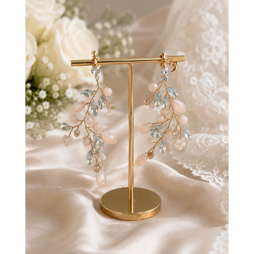 Gold Tone Floral Branch Clip On Earrings‎ Pink Crystal Wedding Statement Dangle